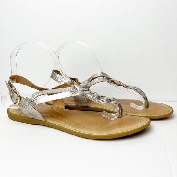 Born Lake Sandals 9M metallic leather braided flat buckle boho neutral strappy - Picture 4 of 12